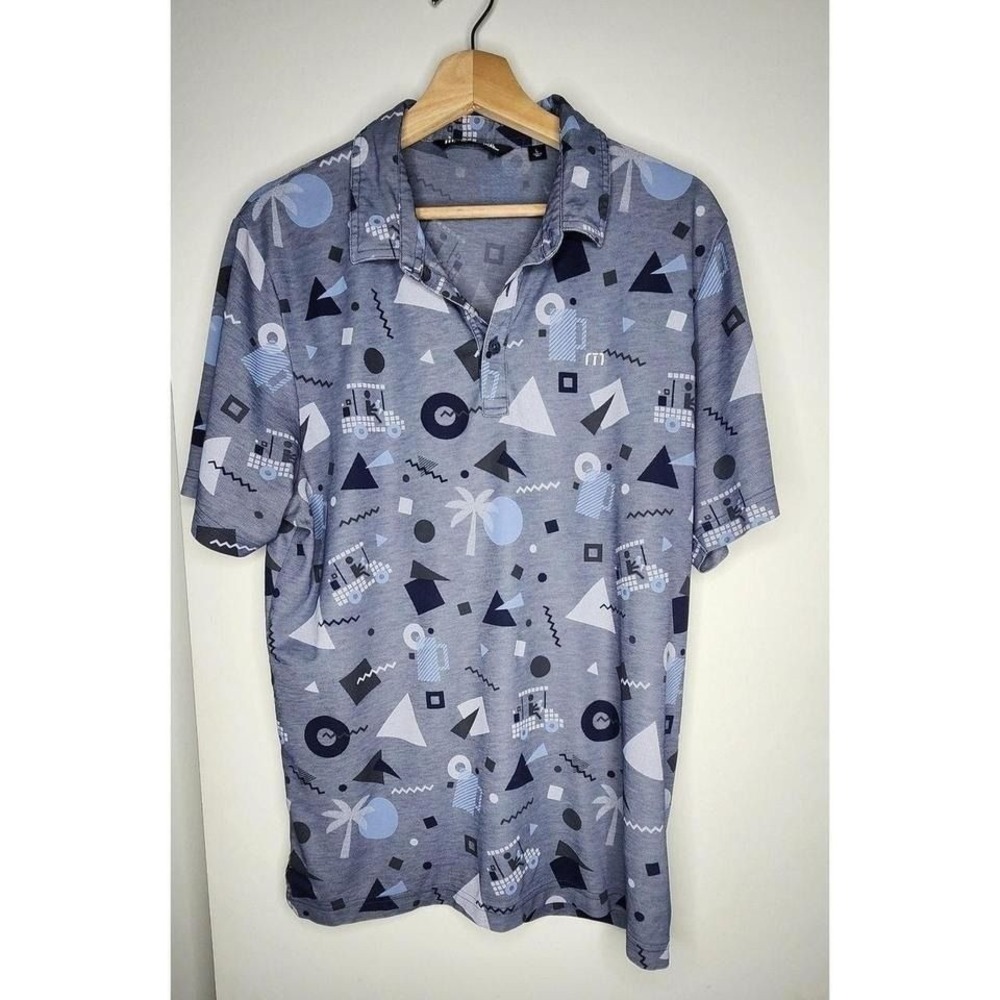 TravisMathew Polo Shirt Mens L Gray Geometric Golf Cart Print Short Slv Golf Sum - Picture 2 of 4